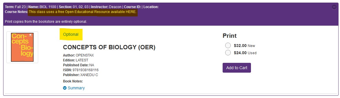 Screenshot of the course materials page showing an Open Educational Resource (OER)